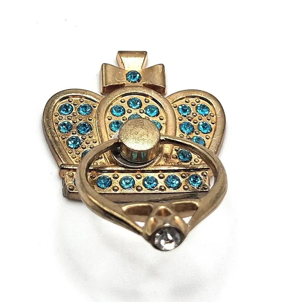 Goldtone Crown Ring Rhinestone Cellphone Hand Loop 1.25in